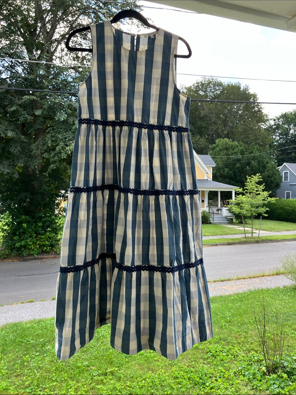 Madewell Blue and White Gingham Tiered Midi Cotton Dress